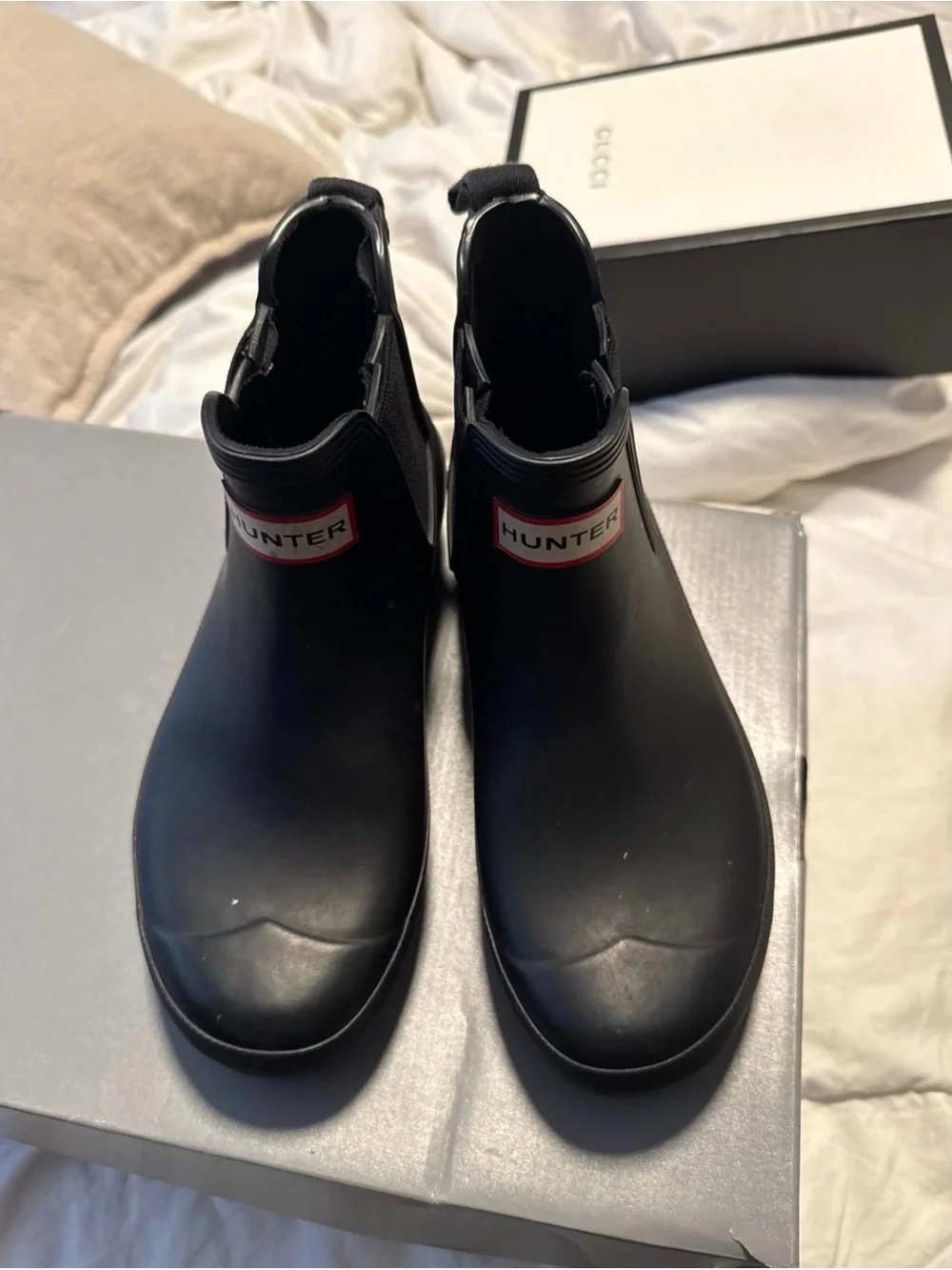 Hunter Black Chelsea Rain Boots with Red Logo Detail